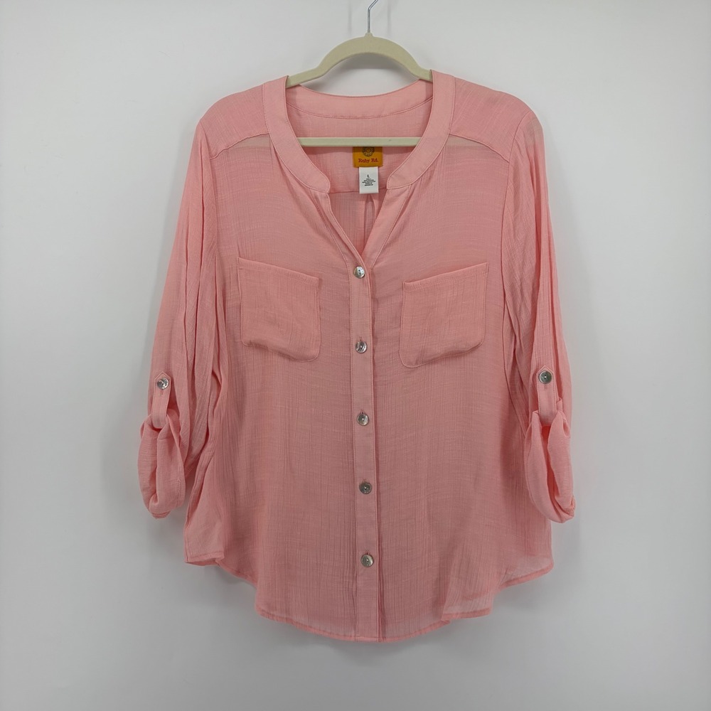 Ruby Rd Womens Large Coral Pink Button Down Blouse Roll Tab Sleeve Textured‎ Top